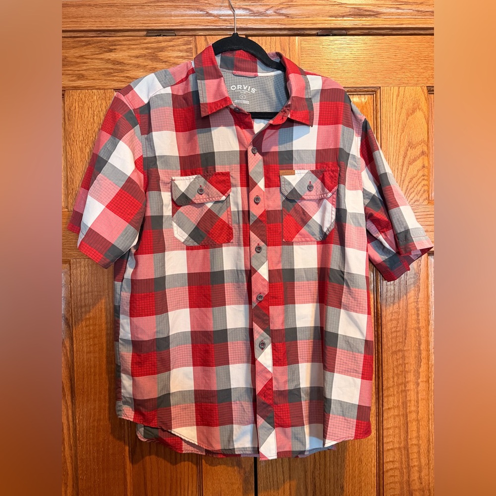 Orvis Men's Red and Gray Plaid Button Down Shirt